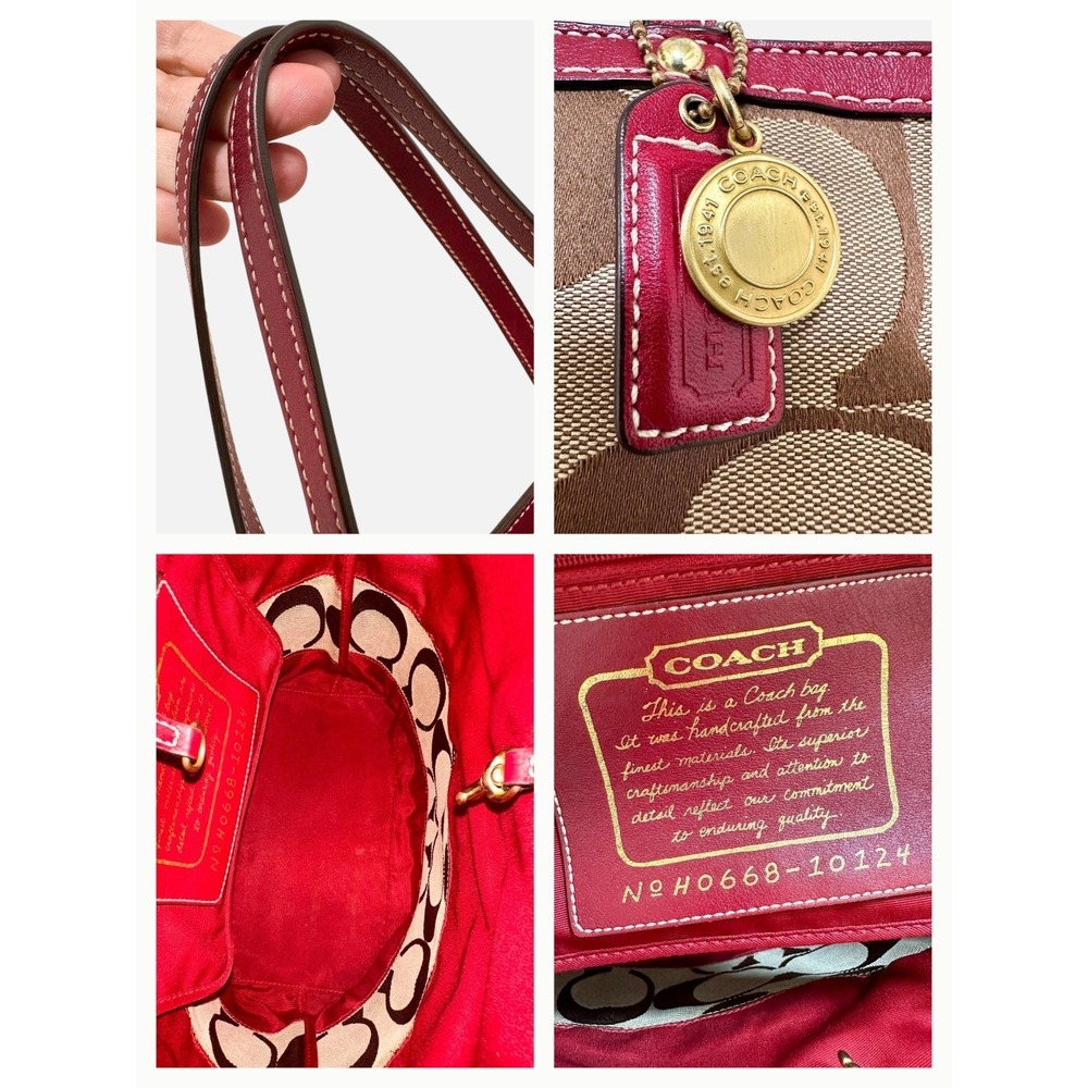 Coach Signature Stripe Tote Bag Canvas Burgundy Leather Y2K Vintage 10124 - Picture 7 of 8